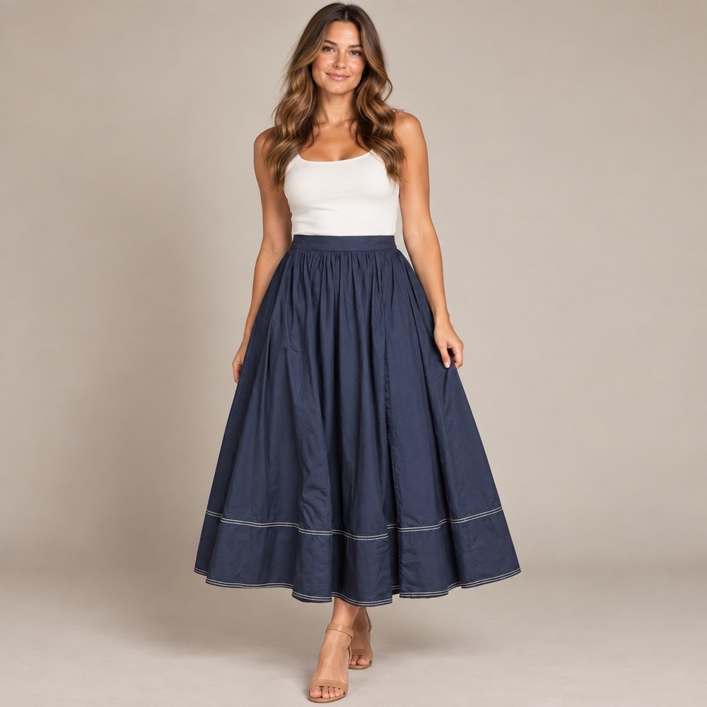 J.Crew Maxi Skirt Women 6T Navy Blue Excellent Cotton Contrast Stitch C1805